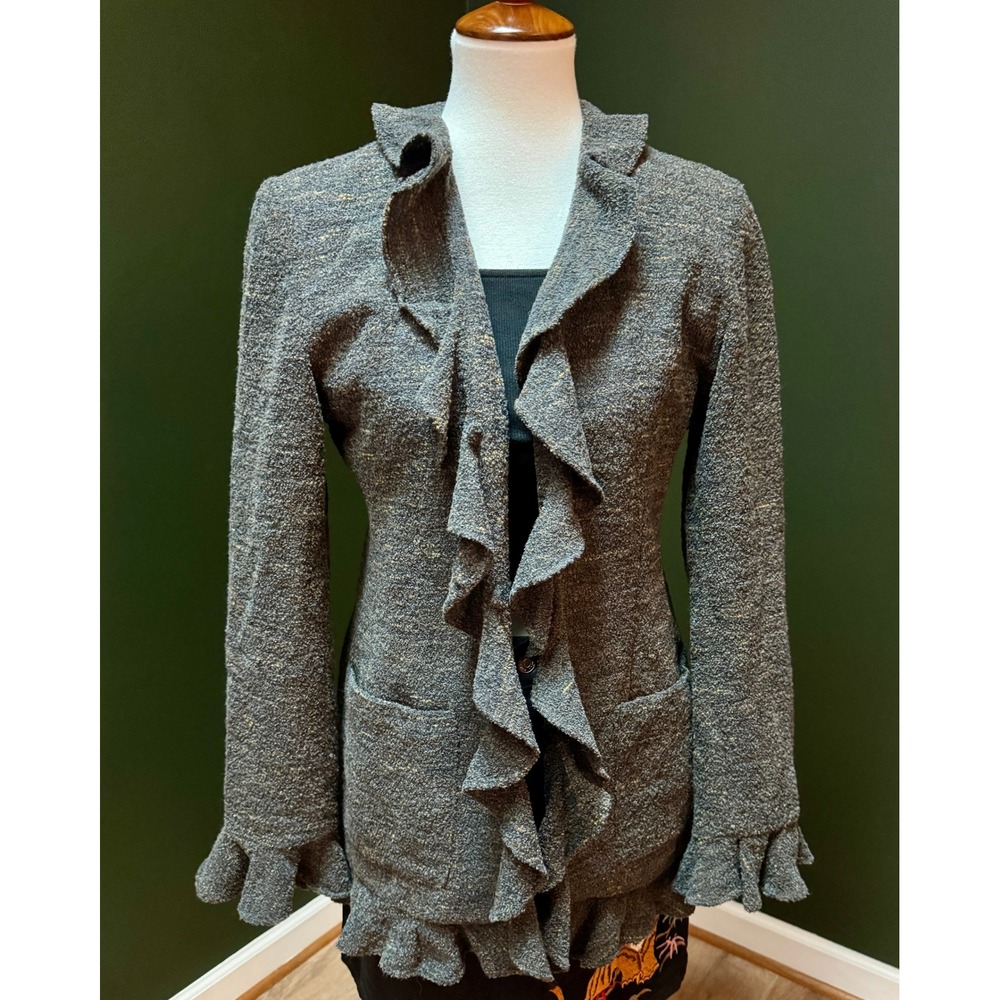 Vintage Saks Fifth Avenue FOLIO Collection Gray Ruffle Tweed Jacket Women's 6